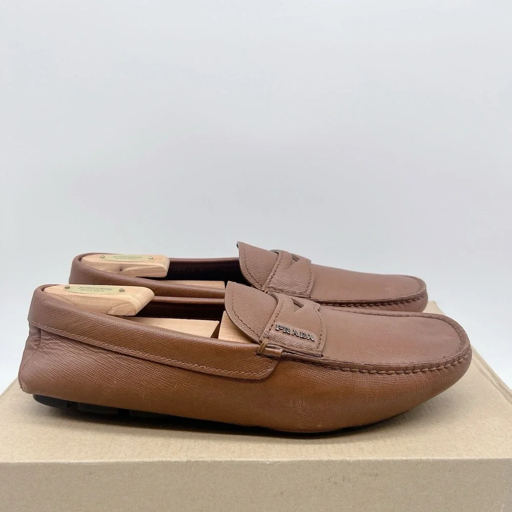 PRADA Saffiano Men's Driver Loafer Logo Ostrich BrownLeather 2DD151 EU 41 US 8
